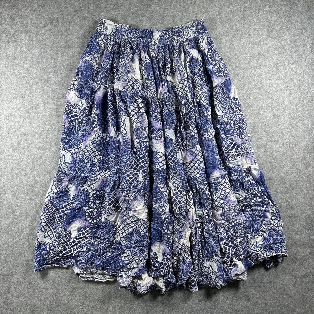 Bila Vintage Tiered Maxi Skirt S Blue Purple Batik Print Rayon Bohemian
